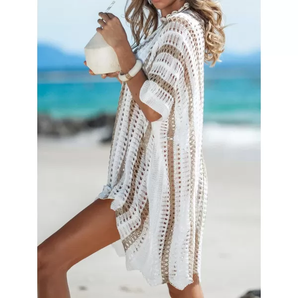 imageCUPSHE Women Striped Crochet V Neck CoverUp Dress Short Sleeves Lace Sexy Beach Cover Up Casual SummerWhite