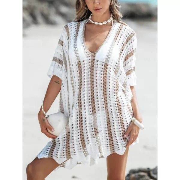 imageCUPSHE Women Striped Crochet V Neck CoverUp Dress Short Sleeves Lace Sexy Beach Cover Up Casual SummerWhite