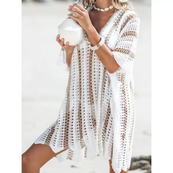 imageCUPSHE Women Striped Crochet V Neck CoverUp Dress Short Sleeves Lace Sexy Beach Cover Up Casual SummerWhite