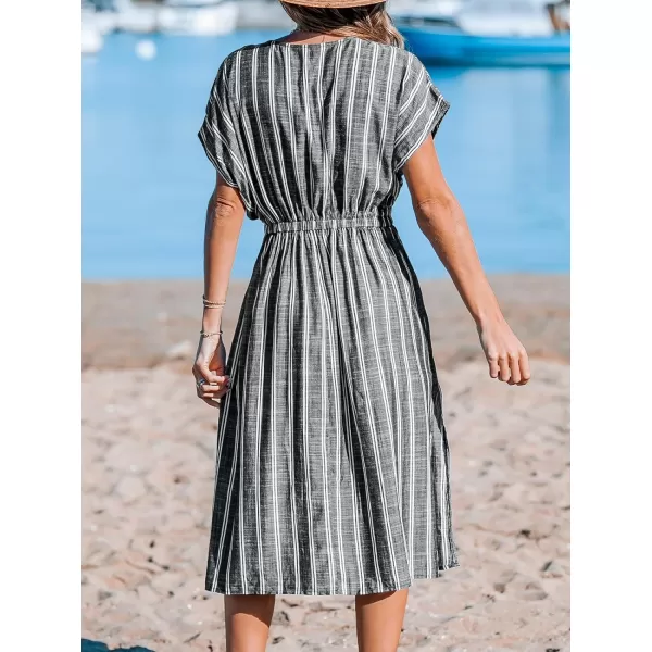 imageCUPSHE Women Striped Midi CoverUp Dress Short Sleeves Sexy Beach Cover Up Casual SummerBlack