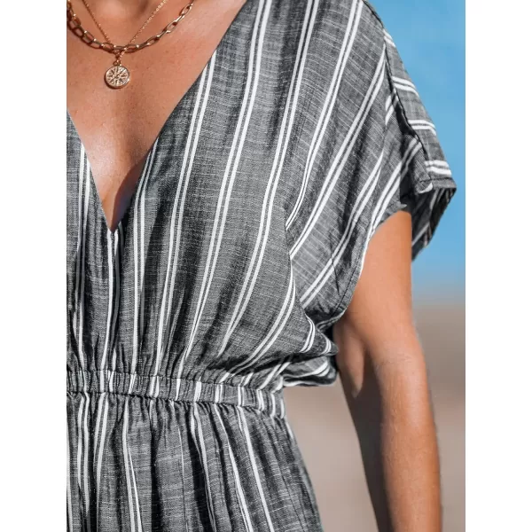imageCUPSHE Women Striped Midi CoverUp Dress Short Sleeves Sexy Beach Cover Up Casual SummerBlack