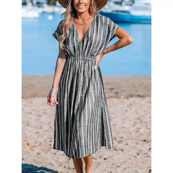 imageCUPSHE Women Striped Midi CoverUp Dress Short Sleeves Sexy Beach Cover Up Casual SummerBlack