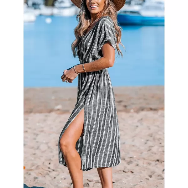 imageCUPSHE Women Striped Midi CoverUp Dress Short Sleeves Sexy Beach Cover Up Casual SummerBlack