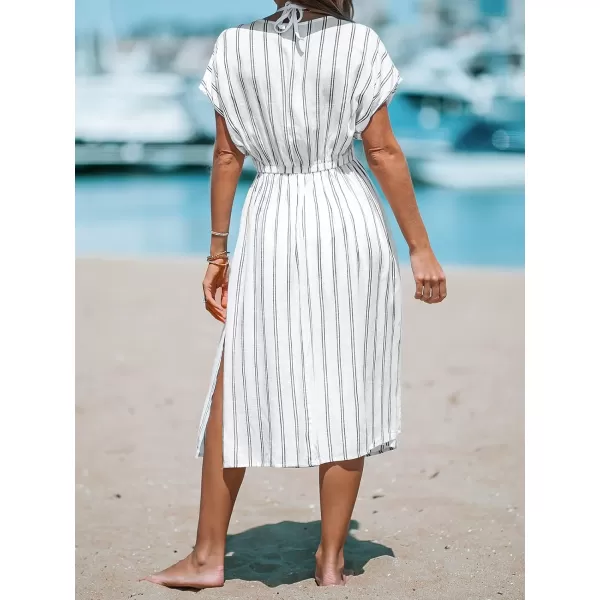 imageCUPSHE Women Striped Midi CoverUp Dress Short Sleeves Sexy Beach Cover Up Casual SummerWhite