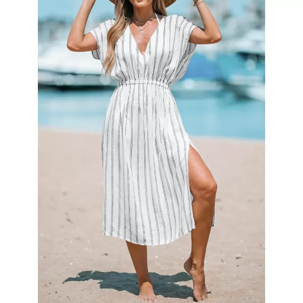 imageCUPSHE Women Striped Midi CoverUp Dress Short Sleeves Sexy Beach Cover Up Casual SummerWhite