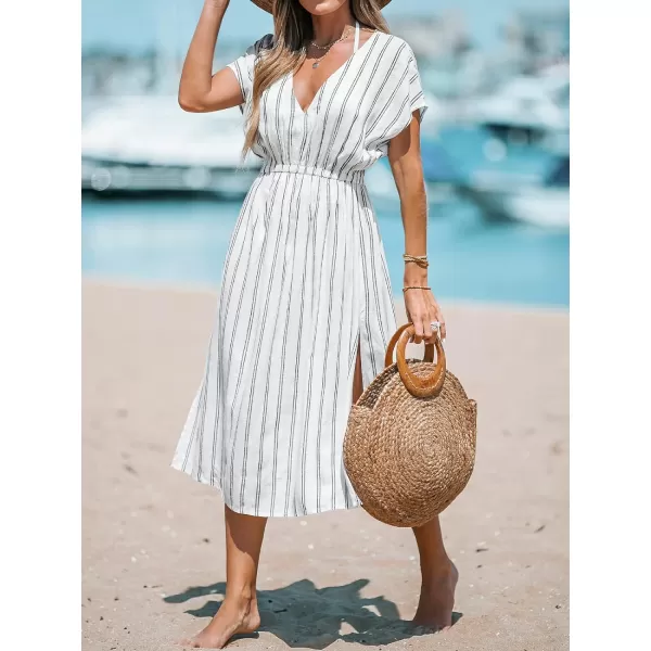 imageCUPSHE Women Striped Midi CoverUp Dress Short Sleeves Sexy Beach Cover Up Casual SummerWhite