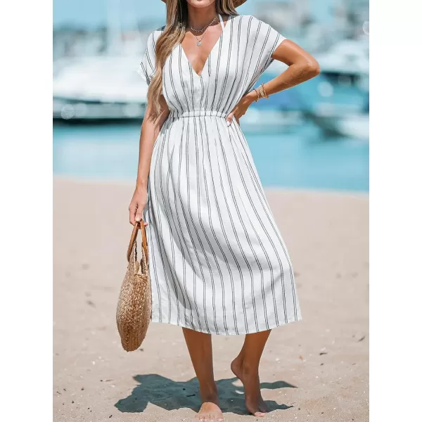 imageCUPSHE Women Striped Midi CoverUp Dress Short Sleeves Sexy Beach Cover Up Casual SummerWhite