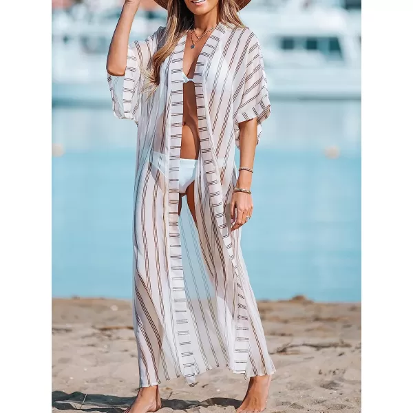 imageCUPSHE Women Striped OpenFront CoverUp Duster Kimono Casual Summer Cover UpBrown Stripes