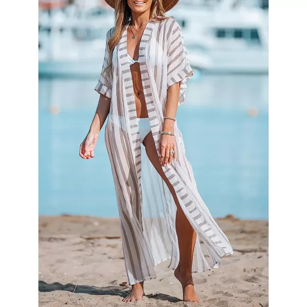 imageCUPSHE Women Striped OpenFront CoverUp Duster Kimono Casual Summer Cover UpBrown Stripes