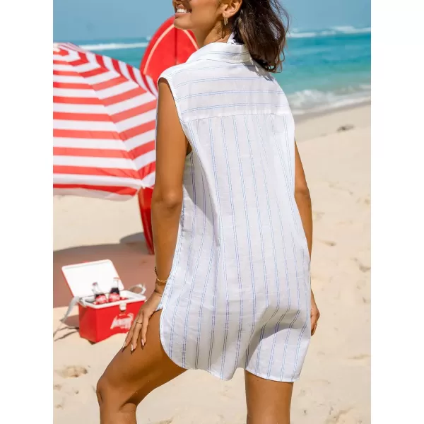 imageCUPSHE Women Striped Split Neck CoverUp Dress Sleeveless V Neck Cover Ups Casual Beach SummerBlue