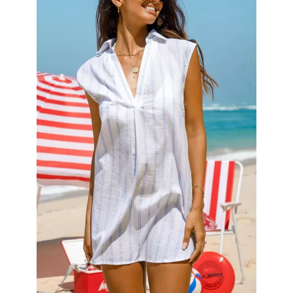 imageCUPSHE Women Striped Split Neck CoverUp Dress Sleeveless V Neck Cover Ups Casual Beach SummerBlue