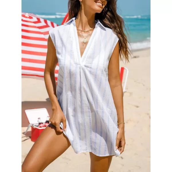 imageCUPSHE Women Striped Split Neck CoverUp Dress Sleeveless V Neck Cover Ups Casual Beach SummerBlue
