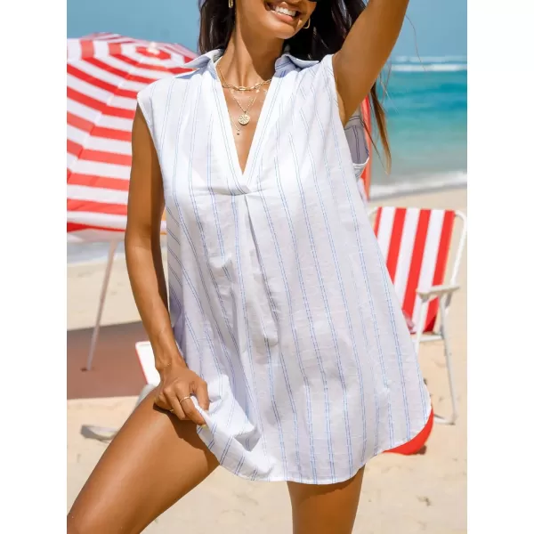 imageCUPSHE Women Striped Split Neck CoverUp Dress Sleeveless V Neck Cover Ups Casual Beach SummerBlue