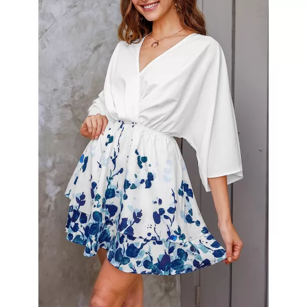 imageCUPSHE Women Summer 34 Sleeve Wrap VNeck Floral Print Pleated Mini DressBlue Floral