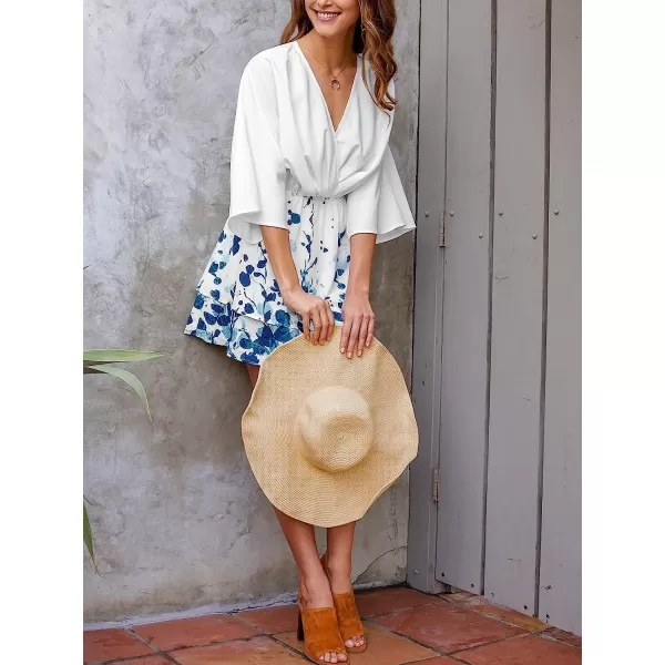 imageCUPSHE Women Summer 34 Sleeve Wrap VNeck Floral Print Pleated Mini DressBlue Floral