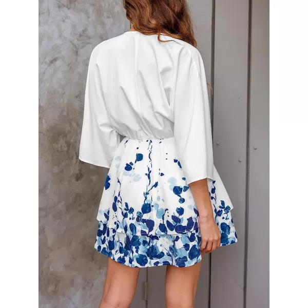 imageCUPSHE Women Summer 34 Sleeve Wrap VNeck Floral Print Pleated Mini DressBlue Floral