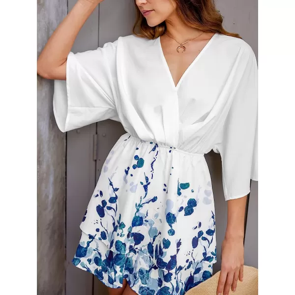 imageCUPSHE Women Summer 34 Sleeve Wrap VNeck Floral Print Pleated Mini DressBlue Floral