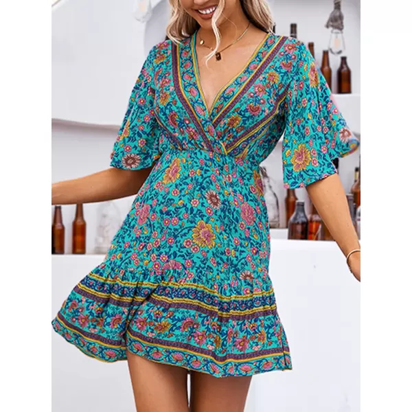 imageCUPSHE Women Summer A Line Flare Floral Dress V Neck Short Sleeve Mini Casual Beach Boho Dress BlueBlue