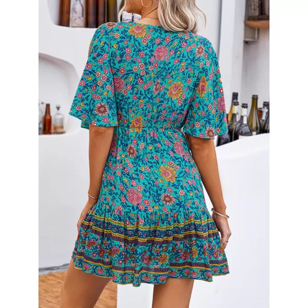 imageCUPSHE Women Summer A Line Flare Floral Dress V Neck Short Sleeve Mini Casual Beach Boho Dress BlueBlue