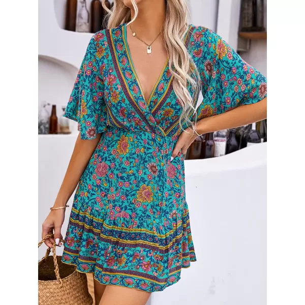 imageCUPSHE Women Summer A Line Flare Floral Dress V Neck Short Sleeve Mini Casual Beach Boho Dress BlueBlue