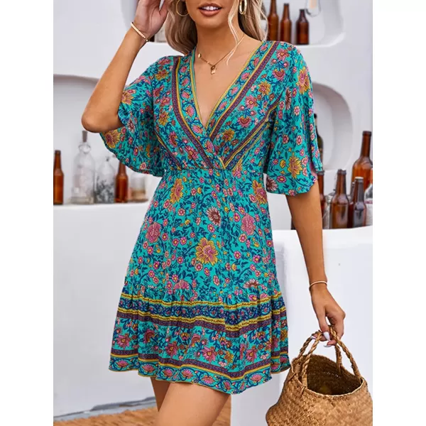 imageCUPSHE Women Summer A Line Flare Floral Dress V Neck Short Sleeve Mini Casual Beach Boho Dress BlueBlue