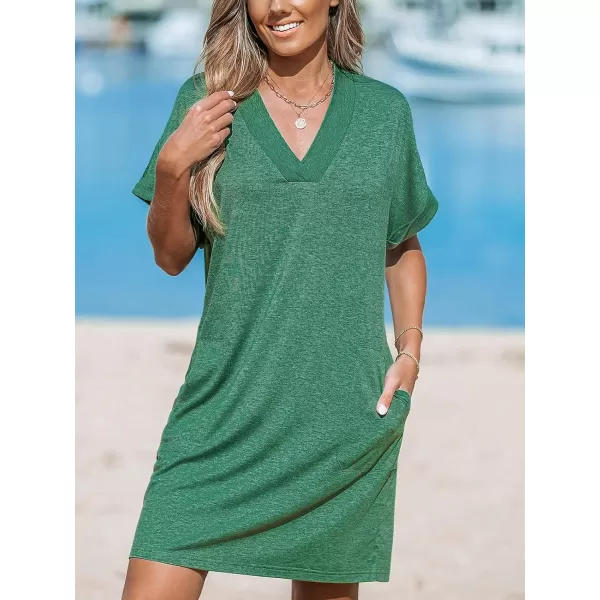 imageCUPSHE Women Summer Dress V Neck Short Sleeve Loose Knit Pockets Beach Midi Casual DressGreen