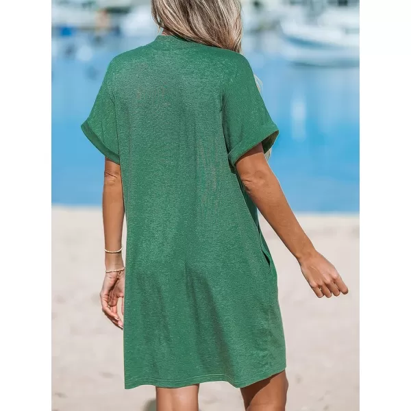 imageCUPSHE Women Summer Dress V Neck Short Sleeve Loose Knit Pockets Beach Midi Casual DressGreen