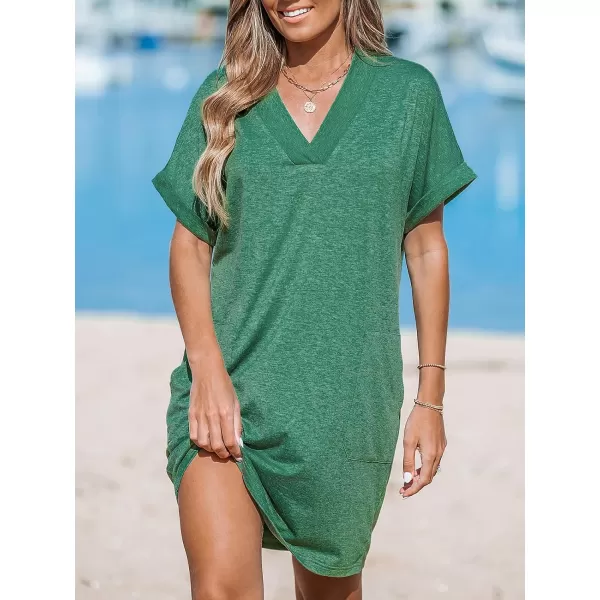 imageCUPSHE Women Summer Dress V Neck Short Sleeve Loose Knit Pockets Beach Midi Casual DressGreen