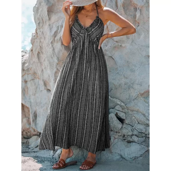 imageCUPSHE Women Summer Halter Smocked Maxi Dress Plunge Sleeveless Long Solid Fitted Waist Dress GreyBlack1