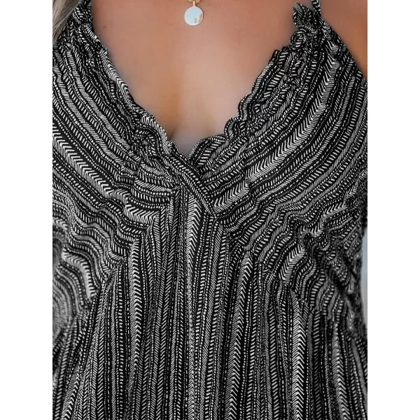 imageCUPSHE Women Summer Halter Smocked Maxi Dress Plunge Sleeveless Long Solid Fitted Waist Dress GreyBlack1