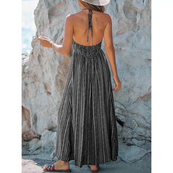 imageCUPSHE Women Summer Halter Smocked Maxi Dress Plunge Sleeveless Long Solid Fitted Waist Dress GreyBlack1