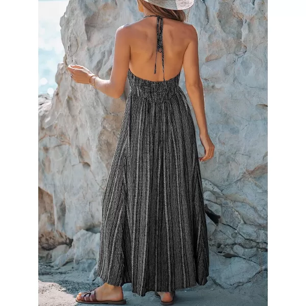 imageCUPSHE Women Summer Halter Smocked Maxi Dress Plunge Sleeveless Long Solid Fitted Waist Dress GreyBlack1