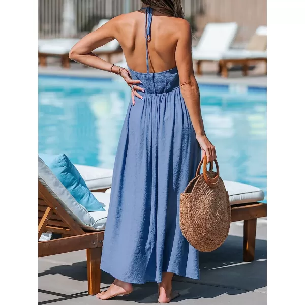 imageCUPSHE Women Summer Halter Smocked Maxi Dress Plunge Sleeveless Long Solid Fitted Waist Dress GreyBlue