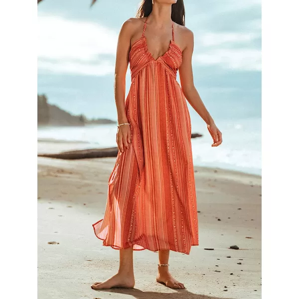 imageCUPSHE Women Summer Halter Smocked Maxi Dress Plunge Sleeveless Long Solid Fitted Waist Dress GreyBlush