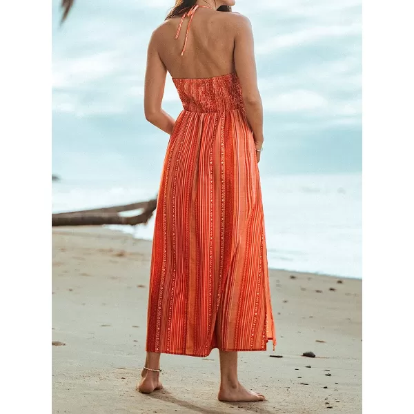 imageCUPSHE Women Summer Halter Smocked Maxi Dress Plunge Sleeveless Long Solid Fitted Waist Dress GreyBlush