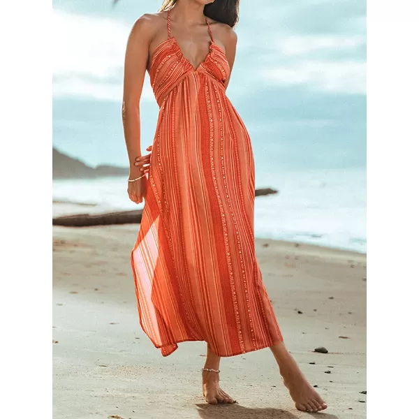 imageCUPSHE Women Summer Halter Smocked Maxi Dress Plunge Sleeveless Long Solid Fitted Waist Dress GreyBlush