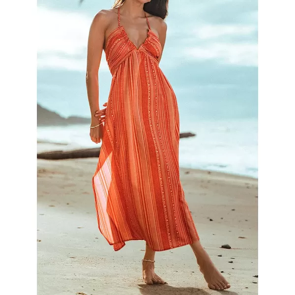 imageCUPSHE Women Summer Halter Smocked Maxi Dress Plunge Sleeveless Long Solid Fitted Waist Dress GreyBlush