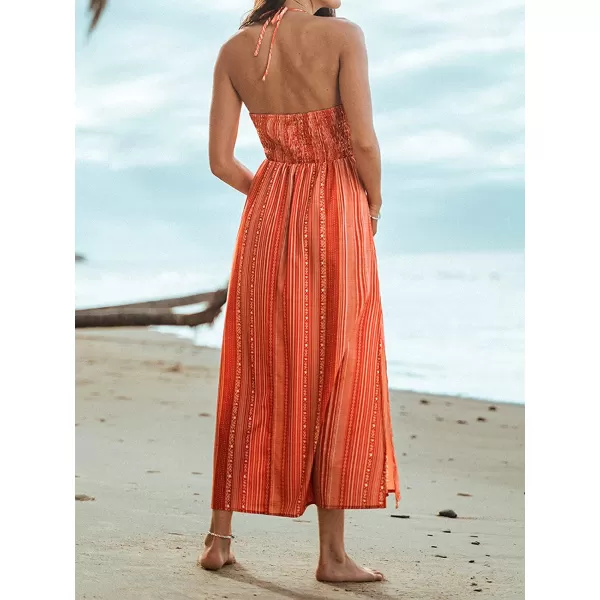 imageCUPSHE Women Summer Halter Smocked Maxi Dress Plunge Sleeveless Long Solid Fitted Waist Dress GreyBlush