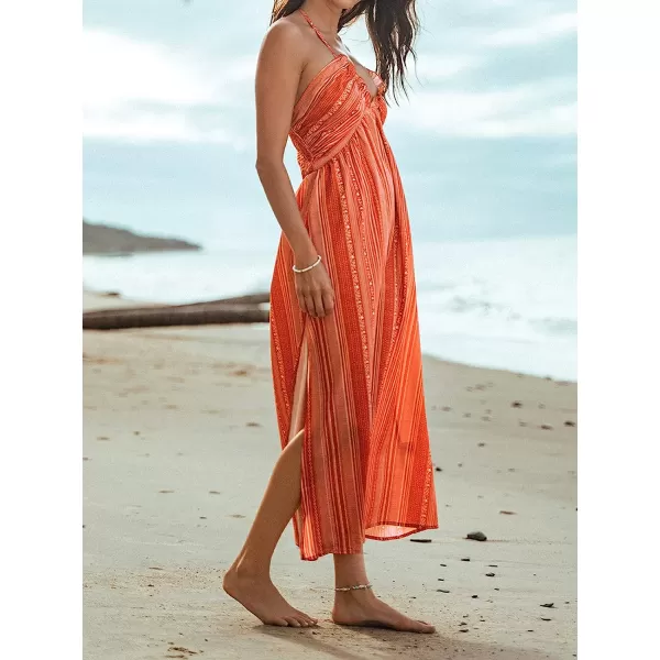 imageCUPSHE Women Summer Halter Smocked Maxi Dress Plunge Sleeveless Long Solid Fitted Waist Dress GreyBlush