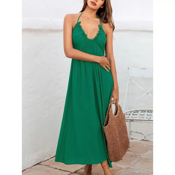 imageCUPSHE Women Summer Halter Smocked Maxi Dress Plunge Sleeveless Long Solid Fitted Waist Dress GreyGreen