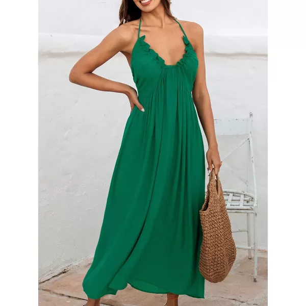 imageCUPSHE Women Summer Halter Smocked Maxi Dress Plunge Sleeveless Long Solid Fitted Waist Dress GreyGreen