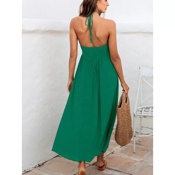 imageCUPSHE Women Summer Halter Smocked Maxi Dress Plunge Sleeveless Long Solid Fitted Waist Dress GreyGreen