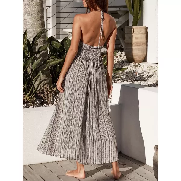 imageCUPSHE Women Summer Halter Smocked Maxi Dress Plunge Sleeveless Long Solid Fitted Waist Dress GreyGrey