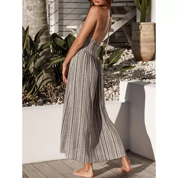 imageCUPSHE Women Summer Halter Smocked Maxi Dress Plunge Sleeveless Long Solid Fitted Waist Dress GreyGrey