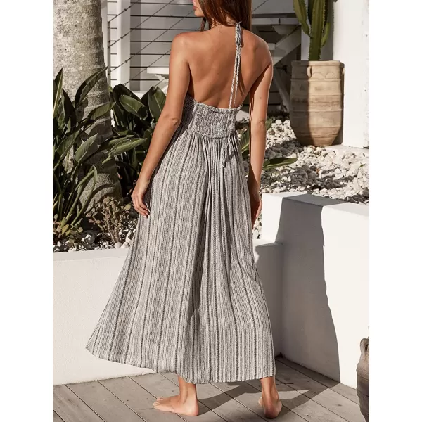 imageCUPSHE Women Summer Halter Smocked Maxi Dress Plunge Sleeveless Long Solid Fitted Waist Dress GreyGrey