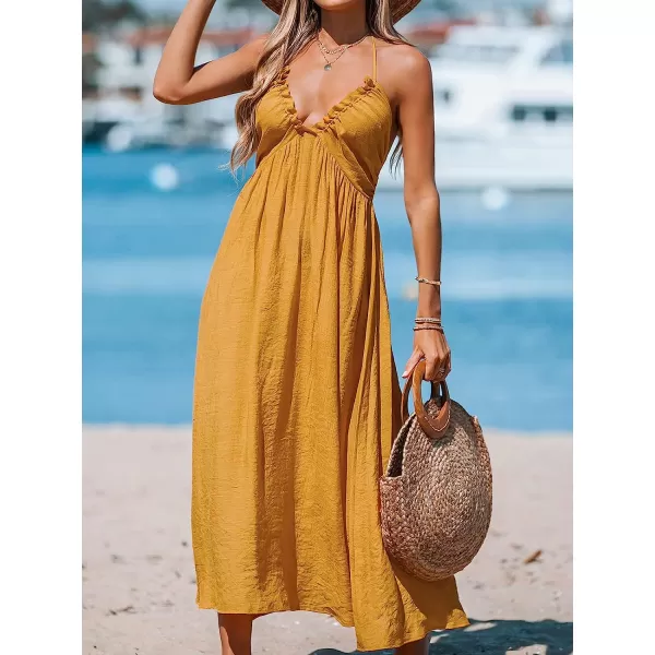 imageCUPSHE Women Summer Halter Smocked Maxi Dress Plunge Sleeveless Long Solid Fitted Waist Dress GreyYellow