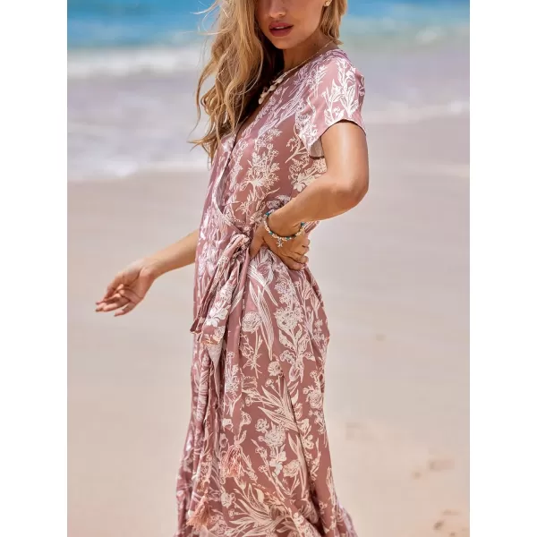 imageCUPSHE Women Summer Maxi Dress V Neck Short Sleeve Floral Print Wrap Slit Beach Casual DressDusty Rose