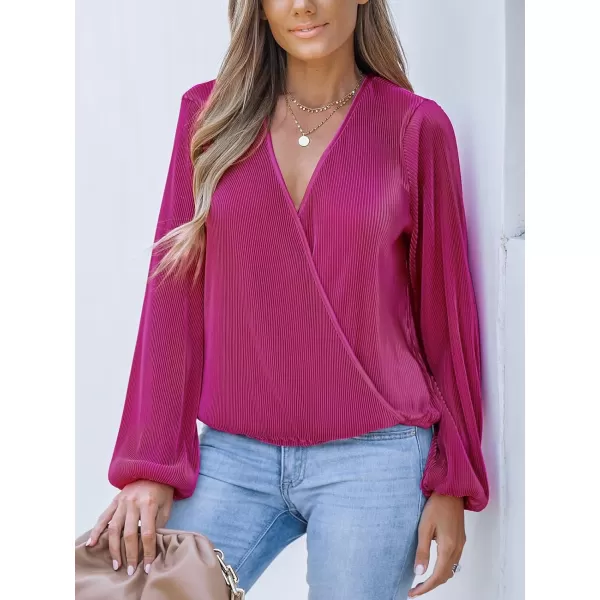 imageCUPSHE Women Surplice Neck Top Blouse with Long Peasant SleeveFuchsia