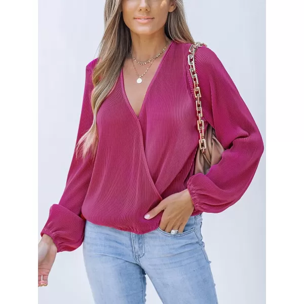 imageCUPSHE Women Surplice Neck Top Blouse with Long Peasant SleeveFuchsia
