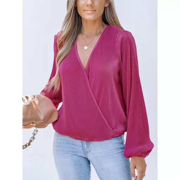 imageCUPSHE Women Surplice Neck Top Blouse with Long Peasant SleeveFuchsia